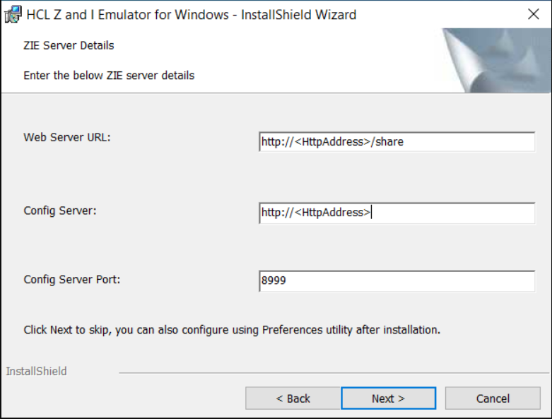ZIE Server settings Configuration during GUI installation